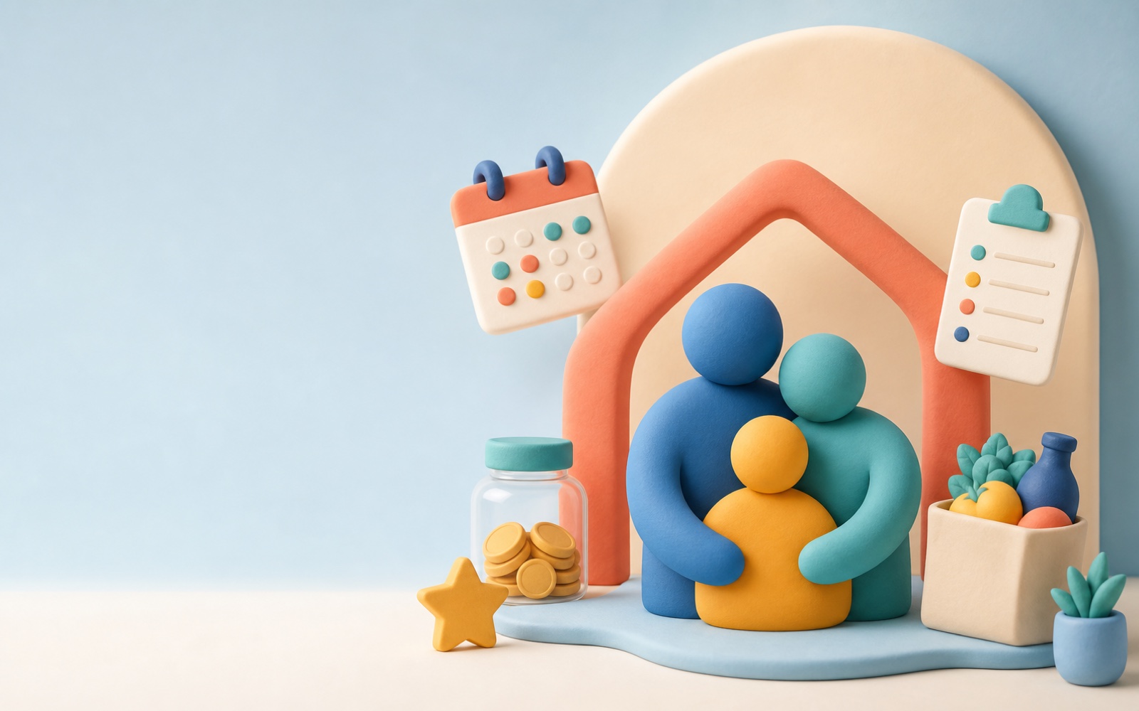 A soft 3D illustration of a family together beneath a home, surrounded by a calendar, list, savings jar, and groceries